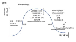 Energy
budget
Growth &
development
Energy excess, metabolic stress
Muscle loss, frailty,
protein malnutrition,
anabolic resistance
age
용어
Geriatrics
Gerontology
Geroscience
Rejuvenation/senolytics
 
