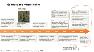 Senescence meets frailty
Judith Campisi
Senescence cell 제거가
노쇠 표현형을 호전시킴
Bennett G. Childs, Jan M. van Duersen et al, Nature drug discovery, 2017
 