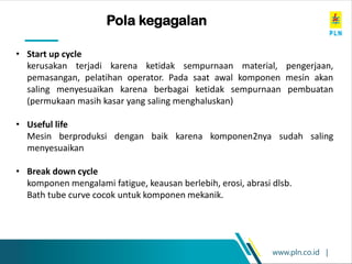 www.pln.co.id |
• Start up cycle
kerusakan terjadi karena ketidak sempurnaan material, pengerjaan,
pemasangan, pelatihan operator. Pada saat awal komponen mesin akan
saling menyesuaikan karena berbagai ketidak sempurnaan pembuatan
(permukaan masih kasar yang saling menghaluskan)
• Useful life
Mesin berproduksi dengan baik karena komponen2nya sudah saling
menyesuaikan
• Break down cycle
komponen mengalami fatigue, keausan berlebih, erosi, abrasi dlsb.
Bath tube curve cocok untuk komponen mekanik.
Pola kegagalan
 