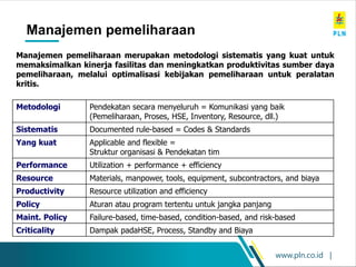 www.pln.co.id |
Metodologi Pendekatan secara menyeluruh = Komunikasi yang baik
(Pemeliharaan, Proses, HSE, Inventory, Resource, dll.)
Sistematis Documented rule-based = Codes & Standards
Yang kuat Applicable and flexible =
Struktur organisasi & Pendekatan tim
Performance Utilization + performance + efficiency
Resource Materials, manpower, tools, equipment, subcontractors, and biaya
Productivity Resource utilization and efficiency
Policy Aturan atau program tertentu untuk jangka panjang
Maint. Policy Failure-based, time-based, condition-based, and risk-based
Criticality Dampak padaHSE, Process, Standby and Biaya
Manajemen pemeliharaan merupakan metodologi sistematis yang kuat untuk
memaksimalkan kinerja fasilitas dan meningkatkan produktivitas sumber daya
pemeliharaan, melalui optimalisasi kebijakan pemeliharaan untuk peralatan
kritis.
Manajemen pemeliharaan
 