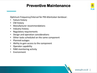www.pln.co.id |
Preventive Maintenance
Optimum Frequency/Interval for PM ditentukan berdasar:
• Failure history
• CM history
• Manufacturer recommendations
• Industry history
• Regulatory requirements
• Design and operation considerations
• Other tasks scheduled on the same component
• Planned outages
• Ability to gain access to the component
• Operator capability
• PdM monitoring activity
• Environment
 