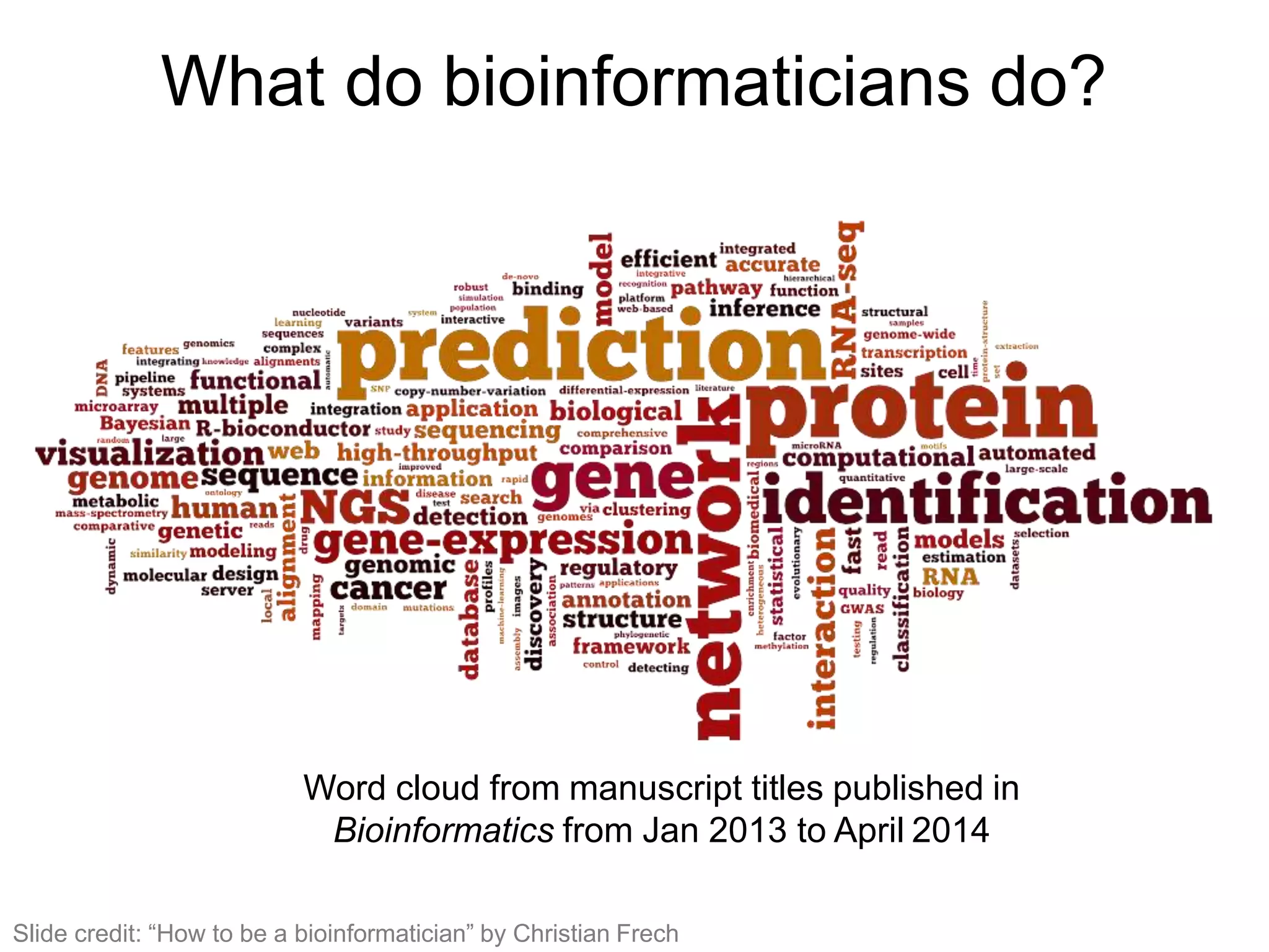 What do bioinformaticians do?
Word cloud from manuscript titles published in
Bioinformatics from Jan 2013 to April 2014
Slide credit: “How to be a bioinformatician” by Christian Frech
 