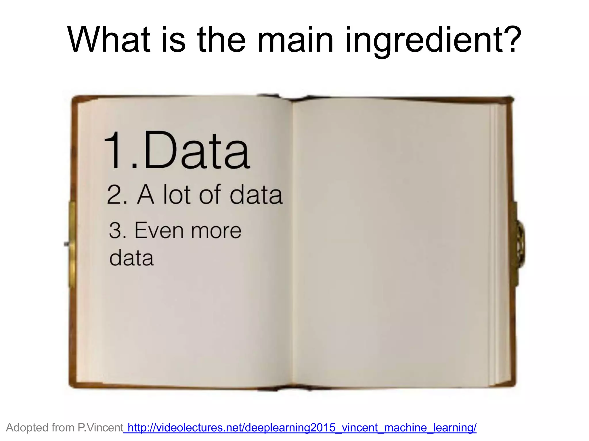 What is the main ingredient?
Adopted from P.Vincent http://videolectures.net/deeplearning2015_vincent_machine_learning/
 