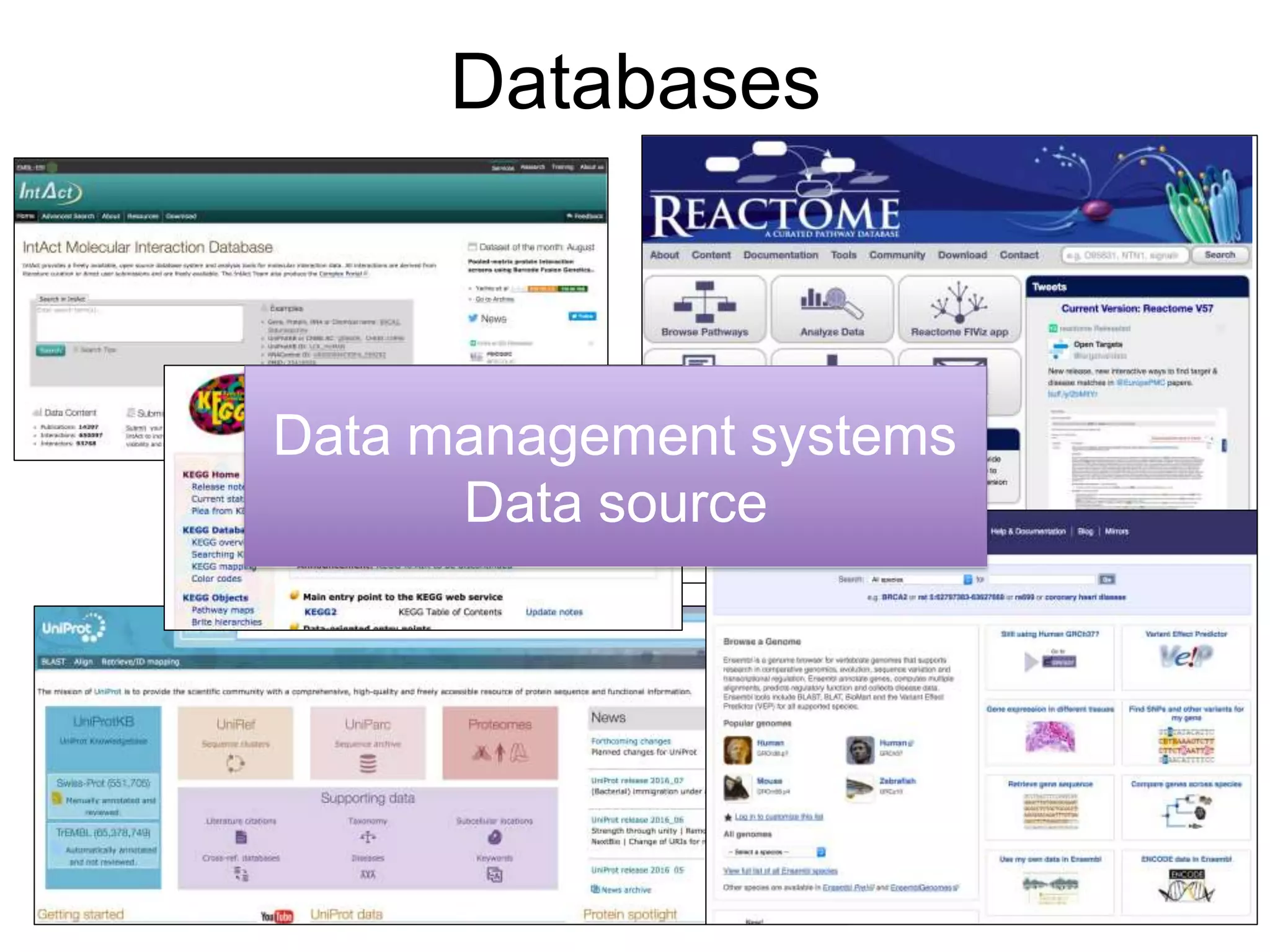 Databases
Data management systems
Data source
 