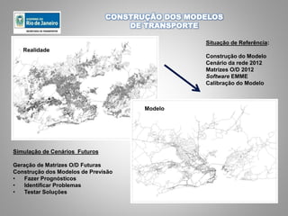 Modelo
Situação de Referência:
Construção do Modelo
Cenário da rede 2012
Matrizes O/D 2012
Software EMME
Calibração do Modelo
Simulação de Cenários Futuros
Geração de Matrizes O/D Futuras
Construção dos Modelos de Previsão
• Fazer Prognósticos
• Identificar Problemas
• Testar Soluções
CONSTRUÇÃO DOS MODELOS
DE TRANSPORTE
Realidade
 
