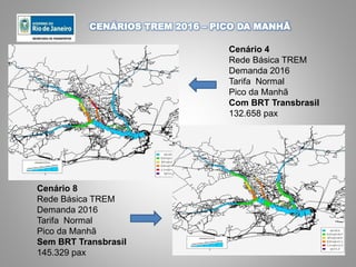 Cenário 4
Rede Básica TREM
Demanda 2016
Tarifa Normal
Pico da Manhã
Com BRT Transbrasil
132.658 pax
Cenário 8
Rede Básica TREM
Demanda 2016
Tarifa Normal
Pico da Manhã
Sem BRT Transbrasil
145.329 pax
CENÁRIOS TREM 2016 – PICO DA MANHÃ
 