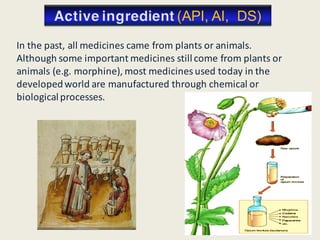 In the past, all medicines came from plants or animals.
Although some important medicines stillcome from plants or
animals (e.g. morphine), most medicines used today in the
developedworld are manufactured through chemical or
biologicalprocesses.
18
(API, AI, DS)
 