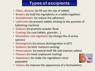 • Fillers, diluents (to fill out the size of tablet)
• Binders (to hold the ingredients in a tablet together)
• Antiadherents (to reduce the adhesion)
• Lubricants (to prevent tablets sticking to the punches of
tabletting machine)
• Glidants (to promote powder flow)
• Coatings (to coat tablets, granules...)
• Dissolution rate regulators (to change the of active
species)
• Disintegrants (to ensure disintegration in GIT)
• Sorbents (to limit moisture sorbing)
• Preservatives (to extend shelf life and improve safety)
• Flavours (to mask unpleasant tasting)
• Sweeteners (to make the ingredients more
palatable)
• Colours (to improve the appearance of a formulation)
 