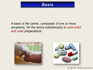 Ph. Hg. VIII. -Ph. Eur. 4, 4.1 és 4.2
A basis is the carrier, composed of one or more
excipients, for the active substance(s) in semi-solid
and solid preparations.
 
