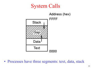 21
System Calls
• Processes have three segments: text, data, stack
 
