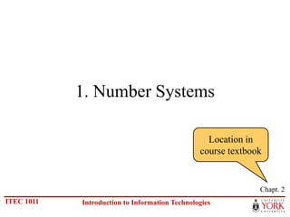 ITEC 1011 Introduction to Information Technologies
1. Number Systems
Chapt. 2
Location in
course textbook
 