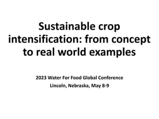 Sustainable crop
intensification: from concept
to real world examples
2023 Water For Food Global Conference
Lincoln, Nebraska, May 8-9
 