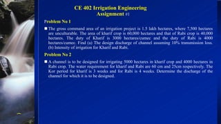 CE 402 Irrigation Engineering
Assignment #1
Problem No 1
 The gross command area of an irrigation project is 1.5 lakh hectares, where 7,500 hectares
are unculturable. The area of kharif crop is 60,000 hectares and that of Rabi crop is 40,000
hectares. The duty of Kharif is 3000 hectares/cumec and the duty of Rabi is 4000
hectares/cumec. Find (a) The design discharge of channel assuming 10% transmission loss.
(b) Intensity of irrigation for Kharif and Rabi.
Problem No 2
 A channel is to be designed for irrigating 5000 hectares in kharif crop and 4000 hectares in
Rabi crop. The water requirement for kharif and Rabi are 60 cm and 25cm respectively. The
Kor period for kharif is 3 weeks and for Rabi is 4 weeks. Determine the discharge of the
channel for which it is to be designed.
 