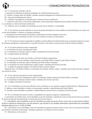 Didatismo e Conhecimento 136
CONHECIMENTOS PEDAGÓGICOS
Art. 13. Os docentes incumbir-se-ão de:
I - participar da elaboração da proposta pedagógica do estabelecimento de ensino;
II - elaborar e cumprir plano de trabalho, segundo a proposta pedagógica do estabelecimento de ensino;
III - zelar pela aprendizagem dos alunos;
IV - estabelecer estratégias de recuperação para os alunos de menor rendimento;
V - ministrar os dias letivos e horas-aula estabelecidos, além de participar integralmente dos períodos dedicados ao planejamen-
to, à avaliação e ao desenvolvimento profissional;
VI - colaborar com as atividades de articulação da escola com as famílias e a comunidade.
Art. 14. Os sistemas de ensino definirão as normas da gestão democrática do ensino público na educação básica, de acordo com
as suas peculiaridades e conforme os seguintes princípios:
I - participação dos profissionais da educação na elaboração do projeto pedagógico da escola;
II - participação das comunidades escolar e local em conselhos escolares ou equivalentes.
Art. 15. Os sistemas de ensino assegurarão às unidades escolares públicas de educação básica que os integram progressivos graus
de autonomia pedagógica e administrativa e de gestão financeira, observadas as normas gerais de direito financeiro público.
Art. 16. O sistema federal de ensino compreende:
I - as instituições de ensino mantidas pela União;
II - as instituições de educação superior criadas e mantidas pela iniciativa privada;
III - os órgãos federais de educação.
Art. 17. Os sistemas de ensino dos Estados e do Distrito Federal compreendem:
I - as instituições de ensino mantidas, respectivamente, pelo Poder Público estadual e pelo Distrito Federal;
II - as instituições de educação superior mantidas pelo Poder Público municipal;
III - as instituições de ensino fundamental e médio criadas e mantidas pela iniciativa privada;
IV - os órgãos de educação estaduais e do Distrito Federal, respectivamente.
Parágrafo único. No Distrito Federal, as instituições de educação infantil, criadas e mantidas pela iniciativa privada, integram
seu sistema de ensino.
Art. 18. Os sistemas municipais de ensino compreendem:
I - as instituições do ensino fundamental, médio e de educação infantil mantidas pelo Poder Público municipal;
II - as instituições de educação infantil criadas e mantidas pela iniciativa privada;
III – os órgãos municipais de educação.
Art. 19. As instituições de ensino dos diferentes níveis classificam-se nas seguintes categorias administrativas: (Regulamento)
I - públicas, assim entendidas as criadas ou incorporadas, mantidas e administradas pelo Poder Público;
II - privadas, assim entendidas as mantidas e administradas por pessoas físicas ou jurídicas de direito privado.
Art. 20. As instituições privadas de ensino se enquadrarão nas seguintes categorias: (Regulamento)
I - particulares em sentido estrito, assim entendidas as que são instituídas e mantidas por uma ou mais pessoas físicas ou jurídicas
de direito privado que não apresentem as características dos incisos abaixo;
II - comunitárias, assim entendidas as que são instituídas por grupos de pessoas físicas ou por uma ou mais pessoas jurídicas,
inclusive cooperativas educacionais, sem fins lucrativos, que incluam na sua entidade mantenedora representantes da comunidade;
(Redação dada pela Lei nº 12.020, de 2009)
III - confessionais, assim entendidas as que são instituídas por grupos de pessoas físicas ou por uma ou mais pessoas jurídicas
que atendem a orientação confessional e ideologia específicas e ao disposto no inciso anterior;
IV - filantrópicas, na forma da lei.
 