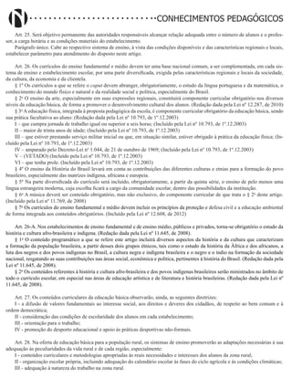 Didatismo e Conhecimento 138
CONHECIMENTOS PEDAGÓGICOS
Art. 25. Será objetivo permanente das autoridades responsáveis alcançar relação adequada entre o número de alunos e o profes-
sor, a carga horária e as condições materiais do estabelecimento.
Parágrafo único. Cabe ao respectivo sistema de ensino, à vista das condições disponíveis e das características regionais e locais,
estabelecer parâmetro para atendimento do disposto neste artigo.
Art. 26. Os currículos do ensino fundamental e médio devem ter uma base nacional comum, a ser complementada, em cada sis-
tema de ensino e estabelecimento escolar, por uma parte diversificada, exigida pelas características regionais e locais da sociedade,
da cultura, da economia e da clientela.
§ 1º Os currículos a que se refere o caput devem abranger, obrigatoriamente, o estudo da língua portuguesa e da matemática, o
conhecimento do mundo físico e natural e da realidade social e política, especialmente do Brasil.
§ 2o
O ensino da arte, especialmente em suas expressões regionais, constituirá componente curricular obrigatório nos diversos
níveis da educação básica, de forma a promover o desenvolvimento cultural dos alunos. (Redação dada pela Lei nº 12.287, de 2010)
§ 3o
A educação física, integrada à proposta pedagógica da escola, é componente curricular obrigatório da educação básica, sendo
sua prática facultativa ao aluno: (Redação dada pela Lei nº 10.793, de 1º.12.2003)
I – que cumpra jornada de trabalho igual ou superior a seis horas; (Incluído pela Lei nº 10.793, de 1º.12.2003)
II – maior de trinta anos de idade; (Incluído pela Lei nº 10.793, de 1º.12.2003)
III – que estiver prestando serviço militar inicial ou que, em situação similar, estiver obrigado à prática da educação física; (In-
cluído pela Lei nº 10.793, de 1º.12.2003)
IV – amparado pelo Decreto-Lei no
1.044, de 21 de outubro de 1969; (Incluído pela Lei nº 10.793, de 1º.12.2003)
V – (VETADO) (Incluído pela Lei nº 10.793, de 1º.12.2003)
VI – que tenha prole. (Incluído pela Lei nº 10.793, de 1º.12.2003)
§ 4º O ensino da História do Brasil levará em conta as contribuições das diferentes culturas e etnias para a formação do povo
brasileiro, especialmente das matrizes indígena, africana e europeia.
§ 5º Na parte diversificada do currículo será incluído, obrigatoriamente, a partir da quinta série, o ensino de pelo menos uma
língua estrangeira moderna, cuja escolha ficará a cargo da comunidade escolar, dentro das possibilidades da instituição.
§ 6o
A música deverá ser conteúdo obrigatório, mas não exclusivo, do componente curricular de que trata o § 2o
deste artigo.
(Incluído pela Lei nº 11.769, de 2008)
§ 7o
Os currículos do ensino fundamental e médio devem incluir os princípios da proteção e defesa civil e a educação ambiental
de forma integrada aos conteúdos obrigatórios. (Incluído pela Lei nº 12.608, de 2012)
Art. 26-A. Nos estabelecimentos de ensino fundamental e de ensino médio, públicos e privados, torna-se obrigatório o estudo da
história e cultura afro-brasileira e indígena. (Redação dada pela Lei nº 11.645, de 2008).
§ 1o
O conteúdo programático a que se refere este artigo incluirá diversos aspectos da história e da cultura que caracterizam
a formação da população brasileira, a partir desses dois grupos étnicos, tais como o estudo da história da África e dos africanos, a
luta dos negros e dos povos indígenas no Brasil, a cultura negra e indígena brasileira e o negro e o índio na formação da sociedade
nacional, resgatando as suas contribuições nas áreas social, econômica e política, pertinentes à história do Brasil. (Redação dada pela
Lei nº 11.645, de 2008).
§ 2o
Os conteúdos referentes à história e cultura afro-brasileira e dos povos indígenas brasileiros serão ministrados no âmbito de
todo o currículo escolar, em especial nas áreas de educação artística e de literatura e história brasileiras. (Redação dada pela Lei nº
11.645, de 2008).
Art. 27. Os conteúdos curriculares da educação básica observarão, ainda, as seguintes diretrizes:
I - a difusão de valores fundamentais ao interesse social, aos direitos e deveres dos cidadãos, de respeito ao bem comum e à
ordem democrática;
II - consideração das condições de escolaridade dos alunos em cada estabelecimento;
III - orientação para o trabalho;
IV - promoção do desporto educacional e apoio às práticas desportivas não-formais.
Art. 28. Na oferta de educação básica para a população rural, os sistemas de ensino promoverão as adaptações necessárias à sua
adequação às peculiaridades da vida rural e de cada região, especialmente:
I - conteúdos curriculares e metodologias apropriadas às reais necessidades e interesses dos alunos da zona rural;
II - organização escolar própria, incluindo adequação do calendário escolar às fases do ciclo agrícola e às condições climáticas;
III - adequação à natureza do trabalho na zona rural.
 