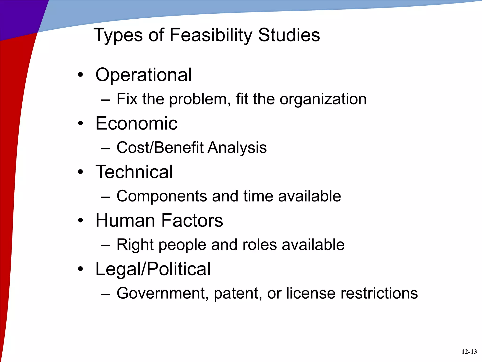 12-13
Types of Feasibility Studies
• Operational
– Fix the problem, fit the organization
• Economic
– Cost/Benefit Analysis
• Technical
– Components and time available
• Human Factors
– Right people and roles available
• Legal/Political
– Government, patent, or license restrictions
 