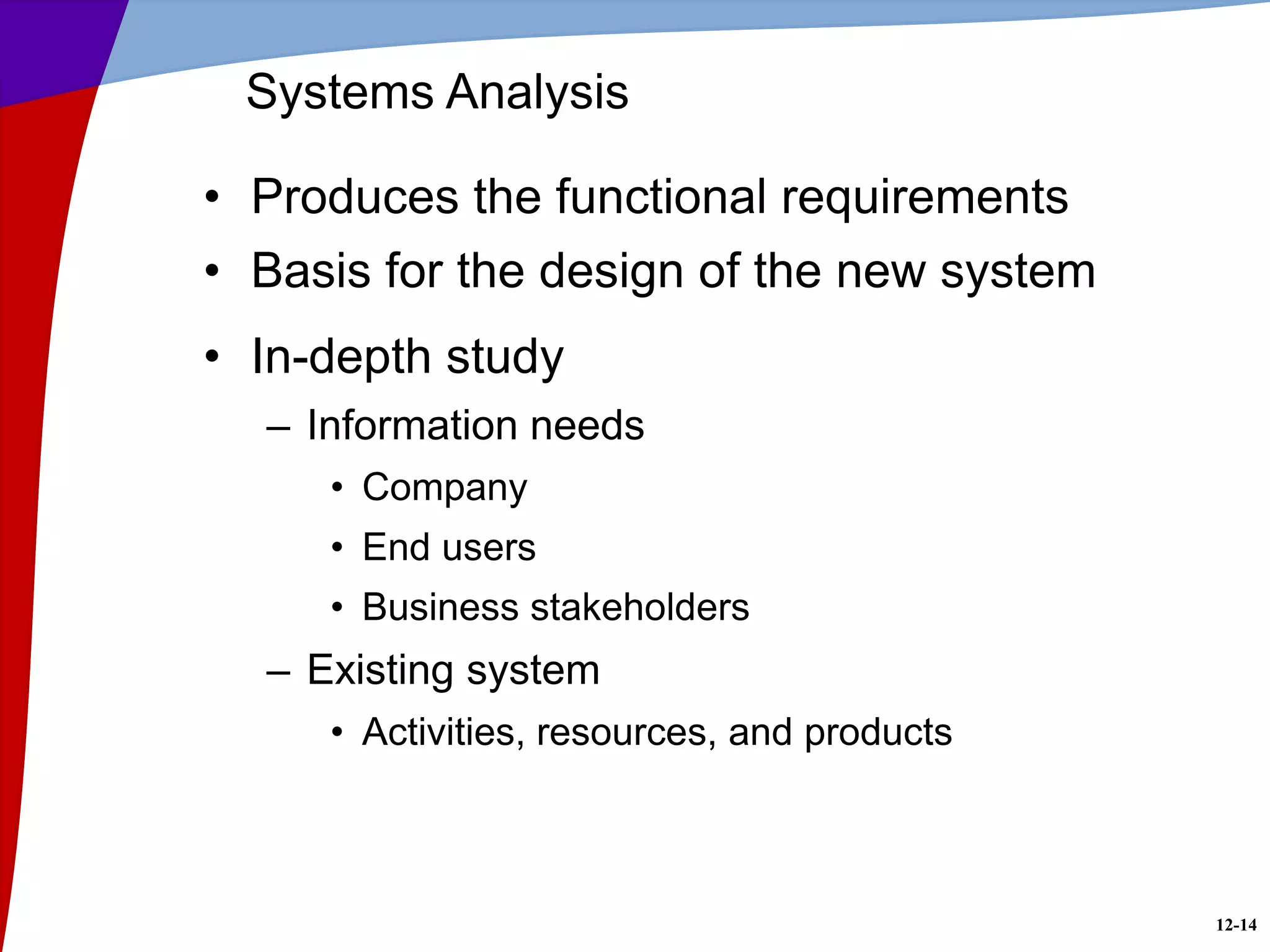 12-14
Systems Analysis
• Produces the functional requirements
• Basis for the design of the new system
• In-depth study
– Information needs
• Company
• End users
• Business stakeholders
– Existing system
• Activities, resources, and products
 