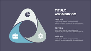 3 OPCION
2 OPCION
1 OPCION
TITULO
ASOMBROSO
Lorem ipsum dolor sit amet, consectetur
adipiscing elit, sed do eiusmod tempor incididunt.
Lorem ipsum dolor sit amet, consectetur
adipiscing elit, sed do eiusmod tempor incididunt.
Lorem ipsum dolor sit amet, consectetur
adipiscing elit, sed do eiusmod tempor incididunt.
 