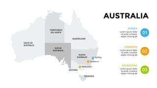 Lorem ipsum dolor
sit amet, consetur
adipin nnscing elit
Canberra
Melbourne
Sydney
TERRITORIOS
DEL NORTE
QUEENSLAND
VIKTORIA
TASMANIA
NUEVO
SUDWALES
SUR DE
AUSTRALIA
OESTE DE
AUSTRALIA
AUSTRALIA
CANBERRA
SYDNEY
MELBOURNE
01
02
03
Lorem ipsum dolor
sit amet, consetur
adipin nnscing elit
Lorem ipsum dolor
sit amet, consetur
adipin nnscing elit
 