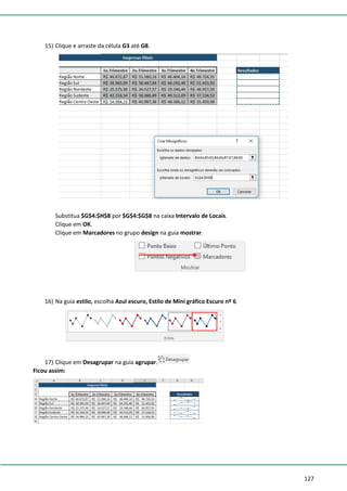 127
15) Clique e arraste da célula G3 até G8.
Substitua $G$4:$H$8 por $G$4:$G$8 na caixa Intervalo de Locais.
Clique em OK.
Clique em Marcadores no grupo design na guia mostrar.
16) Na guia estilo, escolha Azul escuro, Estilo de Mini gráfico Escuro nº 6
17) Clique em Desagrupar na guia agrupar.
Ficou assim:
 