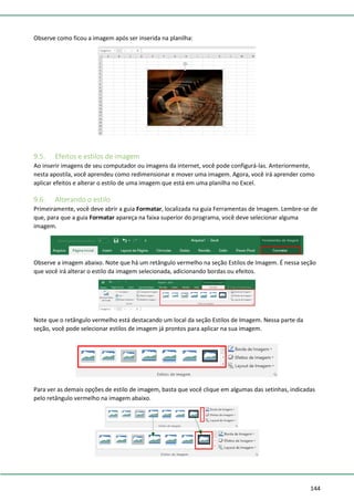 144
Observe como ficou a imagem após ser inserida na planilha:
9.5. Efeitos e estilos de imagem
Ao inserir imagens de seu computador ou imagens da internet, você pode configurá-las. Anteriormente,
nesta apostila, você aprendeu como redimensionar e mover uma imagem. Agora, você irá aprender como
aplicar efeitos e alterar o estilo de uma imagem que está em uma planilha no Excel.
9.6. Alterando o estilo
Primeiramente, você deve abrir a guia Formatar, localizada na guia Ferramentas de Imagem. Lembre-se de
que, para que a guia Formatar apareça na faixa superior do programa, você deve selecionar alguma
imagem.
Observe a imagem abaixo. Note que há um retângulo vermelho na seção Estilos de Imagem. É nessa seção
que você irá alterar o estilo da imagem selecionada, adicionando bordas ou efeitos.
Note que o retângulo vermelho está destacando um local da seção Estilos de Imagem. Nessa parte da
seção, você pode selecionar estilos de imagem já prontos para aplicar na sua imagem.
Para ver as demais opções de estilo de imagem, basta que você clique em algumas das setinhas, indicadas
pelo retângulo vermelho na imagem abaixo.
 