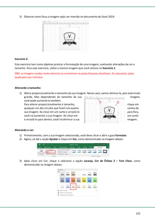 155
5) Observe como ficou a imagem após ser inserida no documento do Excel 2019:
Exercício 2:
Este exercício tem como objetivo praticar a formatação de uma imagem, realizando alterações de cor e
tamanho. Para este exercício, utilize a mesma imagem que você utilizou no Exercício 1.
OBS: as imagens usadas neste exercício se encontram na pasta Arquivos Auxiliares. Se necessitar, peça
ajuda para seu instrutor.
Alterando o tamanho:
1) Altere proporcionalmente o tamanho da sua imagem. Nesse caso, vamos diminui-la, pois está muito
grande. Mas dependendo do tamanho da sua imagem,
você pode aumentá-la também.
Para alterar proporcionalmente o tamanho, clique em
qualquer um dos círculos que ficam nos quatro cantos da
sua imagem. Ao clicar em um canto e arrastá-lo para fora,
você irá aumentar a sua imagem. Ao clicar em um canto
e arrastá-lo para dentro, você irá diminuir a sua imagem.
Alterando a cor:
1) Primeiramente, com a sua imagem selecionada, você deve clicar e abrir a guia Formatar.
2) Agora, vá até a seção Ajustar e clique em Cor, como demonstrado na imagem abaixo.
3) Após clicar em Cor, clique e selecione a opção Laranja, Cor de Ênfase 2 – Tom Claro, como
demonstrado na imagem abaixo.
 
