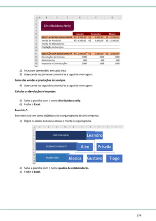 174
2) Insira um comentário em cada área.
3) Acrescente no primeiro comentário a seguinte mensagem:
Soma das vendas e prestações de serviços.
4) Acrescente no segundo comentário a seguinte mensagem:
Calcular as devoluções e impostos
5) Salve a planilha com o nome distribuidora nelly.
6) Feche o Excel.
Exercício 5:
Este exercício tem como objetivo criar o organograma de uma empresa.
1) Digite os dados da tabela abaixo e monte o organograma.
2) Salve a planilha com o nome quadro de colaboradores.
3) Feche o Excel.
 