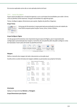 215
Os recursos explicados acima são os mais aplicados dentro do Excel.
14.4. Layout da página
A guia Layout da página tem a função de organizar e unir as principais funcionalidades para exibir a forma
como as planilhas serão impressas. Esta guia está dividida nos seguintes grupos.
Temas, Configurar página, Dimensionar para ajustar, Opções de planilha e Organizar.
Grupo Temas
Este grupo de ferramentas é responsável pela personalização da área de trabalho do
Excel 2010 composto pelas funções Temas, Cores, Fontes e Efeitos.
Grupo Configurar Página
Um dos grupos de ferramentas mais importante da guia Layout de Página, pois é responsável pela
configuração e personalização das margens e tamanhos de uma planilha além de poder configurar a área
de impressão e inserir plano de fundo nas planilhas do Excel.
Margens
Defina o tamanho das margens de todo o documento ou da seção atual.
Escolha entre os vários formatos de margens exibidos ou personalize seus próprios formatos.
Orientação
Aplique um layout do tipo Retrato ou Paisagem.
Grupo Dimensionar para Ajustar
 