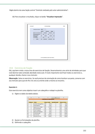 222
Digite dentro da caixa Seção central “Controle realizado pelo setor administrativo”.
10) Para visualizar o resultado, clique no botão “Visualizar impressão”.
14.8. Exercícios de Fixação
Olá, seja bem-vindo a nossa área de exercícios de fixação. Desenvolvemos uma série de atividades para que
você domine todo conteúdo abordado nesta aula. É muito importante você fazer todos os exercícios e,
qualquer dúvida, chame o seu instrutor.
Observação: Salve os exercícios. Se você precisar de orientação de como localizar sua pasta, converse com
seu instrutor para que ele lhe crie uma ou oriente onde a mesma se encontra.
Exercício 1:
Este exercício tem como objetivo inserir um cabeçalho e rodapé na planilha.
1) Digite os dados da tabela abaixo.
2) Ajustar as formatações da planilha.
3) Definindo o cabeçalho.
 
