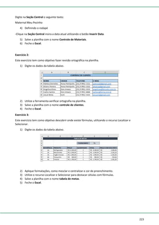 223
Digite na Seção Central o seguinte texto:
Maternal Meu Pezinho
4) Definindo o rodapé
-Clique na Seção Central insira a data atual utilizando o botão Inserir Data.
5) Salve a planilha com o nome Controle de Materiais.
6) Feche o Excel.
Exercício 2:
Este exercício tem como objetivo fazer revisão ortográfica na planilha.
1) Digite os dados da tabela abaixo.
2) Utilize a ferramenta verificar ortografia na planilha.
3) Salve a planilha com o nome controle de clientes.
4) Feche o Excel.
Exercício 3:
Este exercício tem como objetivo descobrir onde existe fórmulas, utilizando o recurso Localizar e
Selecionar.
1) Digite os dados da tabela abaixo.
2) Aplique formatações, como mesclar e centralizar e cor de preenchimento.
3) Utilize o recurso Localizar e Selecionar para destacar células com fórmulas.
4) Salve a planilha com o nome tabela de metas.
5) Feche o Excel.
 