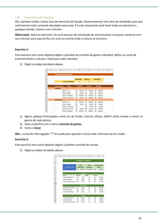 42
2.8. Exercícios de Fixação
Olá, seja bem-vindo a nossa área de exercícios de fixação. Desenvolvemos uma série de atividades para que
você domine todo conteúdo abordado nesta aula. É muito importante você fazer todos os exercícios e,
qualquer dúvida, chame o seu instrutor.
Observação: Salve os exercícios. Se você precisar de orientação de como localizar sua pasta, converse com
seu instrutor para que ele lhe crie uma ou oriente onde a mesma se encontra.
Exercício 1:
Este exercício tem como objetivo digitar a planilha de controle de gastos individual, definir as cores de
preenchimento e calcular o total para cada indivíduo.
1) Digite os dados da tabela abaixo.
2) Agora, aplique formatações como cor de fundo, mesclar células, definir estilo moeda e somar os
gastos de cada pessoa.
3) Salve a planilha com o nome controle de gastos.
4) Feche o Excel.
Obs.: o sinal de interrogação “?” foi usado para apontar o local onde a fórmula vai ser criada.
Exercício 2:
Este exercício tem como objetivo digitar a planilha controle de vendas.
5) Digite os dados da tabela abaixo.
 
