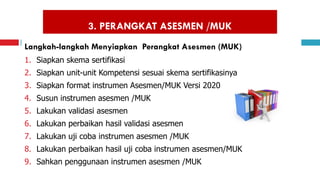3. PERANGKAT ASESMEN /MUK
Langkah-langkah Menyiapkan Perangkat Asesmen (MUK)
1. Siapkan skema sertifikasi
2. Siapkan unit-unit Kompetensi sesuai skema sertifikasinya
3. Siapkan format instrumen Asesmen/MUK Versi 2020
4. Susun instrumen asesmen /MUK
5. Lakukan validasi asesmen
6. Lakukan perbaikan hasil validasi asesmen
7. Lakukan uji coba instrumen asesmen /MUK
8. Lakukan perbaikan hasil uji coba instrumen asesmen/MUK
9. Sahkan penggunaan instrumen asesmen /MUK
 