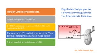 Dra. Melba Fernández Rojas
Tampón Carbónico/Bicarbonato.
Constituido por H2CO3/HCO3
El H2CO3 se produce a la gran cantidad de CO2 y a la
combinación de H2O.
El exceso de H2CO3 se elimina en forma de CO2 a
través de la respiración llamado “Acido Volátil”
El ácido no volátil se neutraliza con el HCO3
 