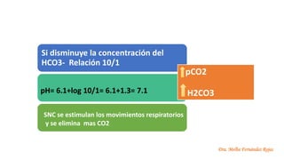 Dra. Melba Fernández Rojas
Si disminuye la concentración del
HCO3- Relación 10/1
pCO2
H2CO3
pH= 6.1+log 10/1= 6.1+1.3= 7.1
SNC se estimulan los movimientos respiratorios
y se elimina mas CO2
 