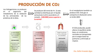Dra. Melba Fernández Rojas
Los hidrogeniones se producen
en el organismo del
metabolismo de la oxidación
de los aminoácidos de las
proteínas de la dieta.
Se producen 60 mmol de H+. Si esta
cantidad se distribuye por el líquido
extracelular la [H+] ascendería a 4
mmol/L, [100.000] veces superior a
la normal
En el metabolismo también se
produce CO2. Este gas se
comporta en disolución como
un ácido débil.
El CO2 producido, puede
alterar el equilibrio ácido-
base, en condiciones
normales es transportado
por la sangre hasta los
pulmones y eliminado al
respirar.
PRODUCCIÓN DE CO2
 