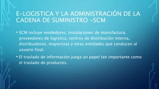 E-LOGISTICA Y LA ADMINISTRACIÓN DE LA
CADENA DE SUMINISTRO -SCM
• SCM incluye vendedores, instalaciones de manufactura,
proveedores de logística, centros de distribución interna,
distribuidores, mayoristas y otras entidades que conducen al
usuario final.
• El traslado de información juega un papel tan importante como
el traslado de productos.
 