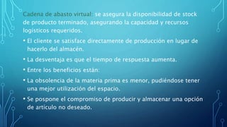 Cadena de abasto virtual: se asegura la disponibilidad de stock
de producto terminado, asegurando la capacidad y recursos
logísticos requeridos.
• El cliente se satisface directamente de producción en lugar de
hacerlo del almacén.
• La desventaja es que el tiempo de respuesta aumenta.
• Entre los beneficios están:
• La obsolencia de la materia prima es menor, pudiéndose tener
una mejor utilización del espacio.
• Se pospone el compromiso de producir y almacenar una opción
de artículo no deseado.
 