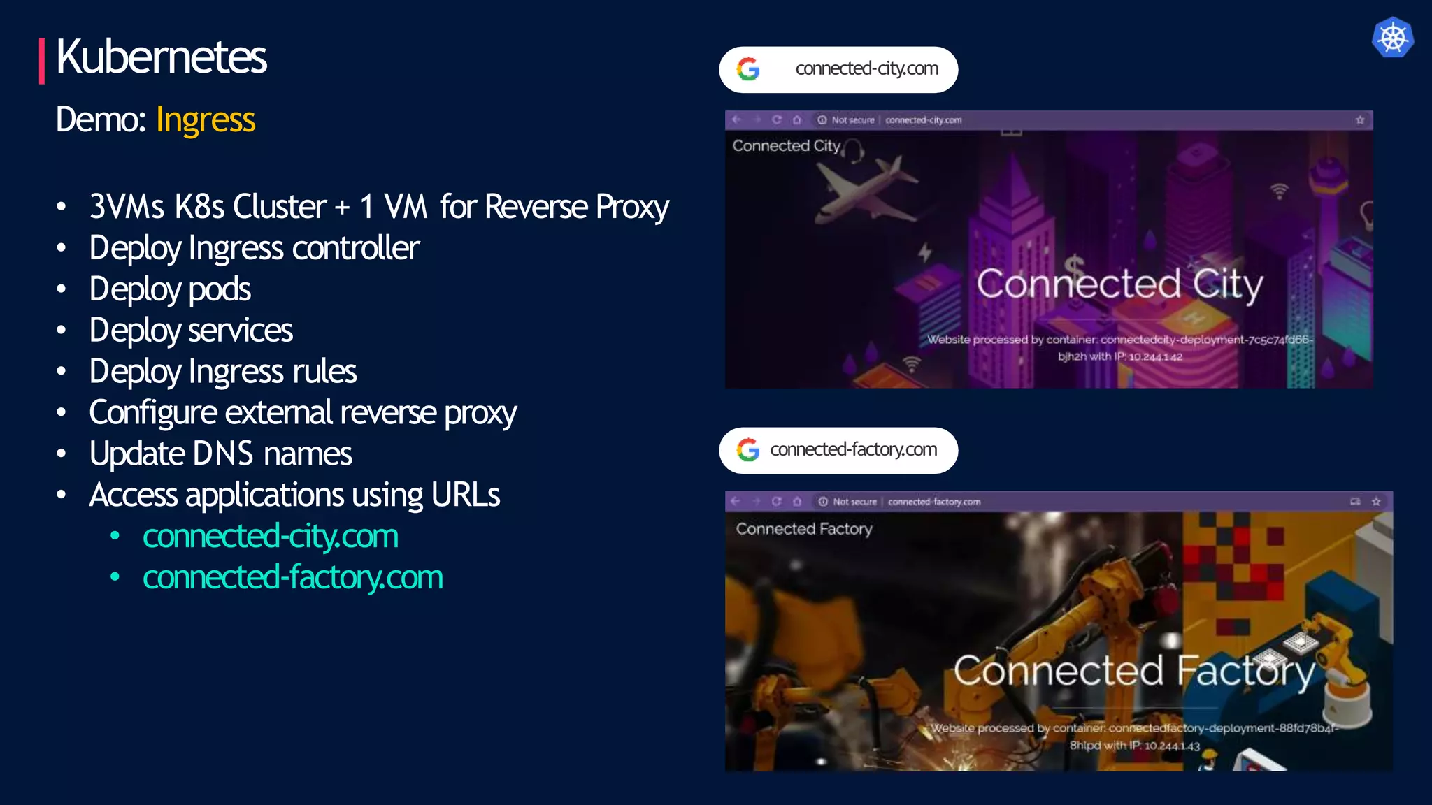Kubernetes
Demo: Ingress
connected-factory
.com
connected-city
.com
• 3VMs K8s Cluster + 1 VM for Reverse Proxy
• Deploy Ingress controller
• Deploy pods
• Deploy services
• Deploy Ingress rules
• Configure externalreverse proxy
• Update DNS names
• Access applications using URLs
• connected-city.com
• connected-factory.com
 