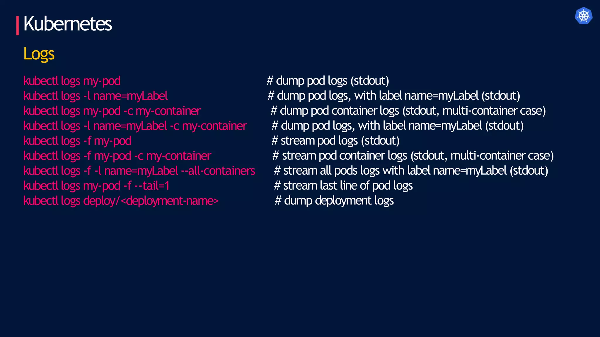 Kubernetes
Logs
kubectllogs my-pod
kubectllogs -l name=myLabel
kubectllogs my-pod -c my-container
kubectllogs -l name=myLabel -c my-container
kubectllogs -f my-pod
kubectllogs -f my-pod -c my-container
kubectllogs -f -l name=myLabel --all-containers
kubectllogs my-pod -f --tail=1
kubectllogs deploy/<deployment-name>
# dump pod logs (stdout)
# dump pod logs, with labelname=myLabel(stdout)
# dump pod containerlogs (stdout, multi-containercase)
# dump pod logs, with labelname=myLabel (stdout)
# streampod logs (stdout)
# streampodcontainer logs (stdout, multi-containercase)
# stream all pods logs with labelname=myLabel (stdout)
# streamlast line of pod logs
# dump deployment logs
 