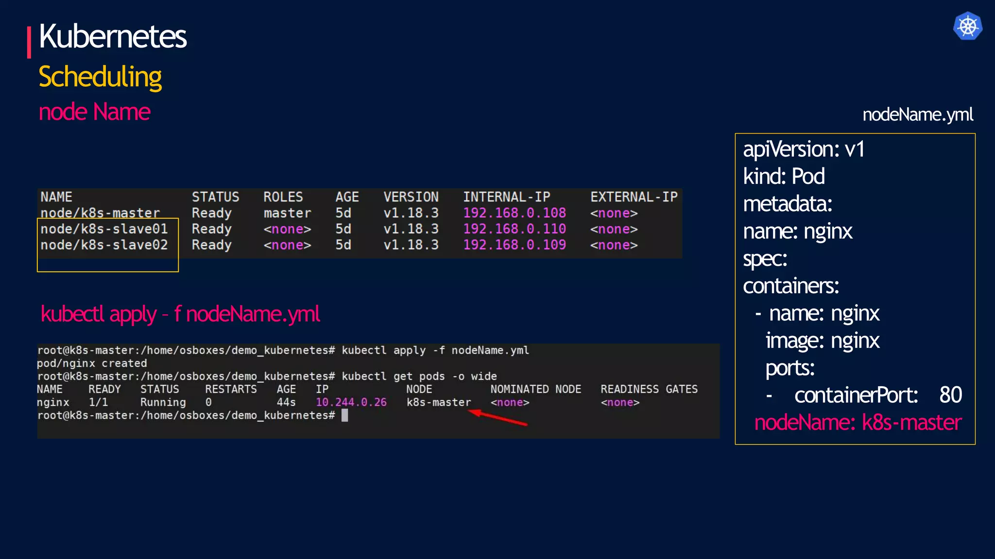 Kubernetes
Scheduling
node Name
apiVersion:v1
kind:Pod
metadata:
name: nginx
spec:
containers:
- name: nginx
image: nginx
ports:
- containerPort: 80
nodeName: k8s-master
nodeName.yml
kubectl apply – f nodeName.yml
 