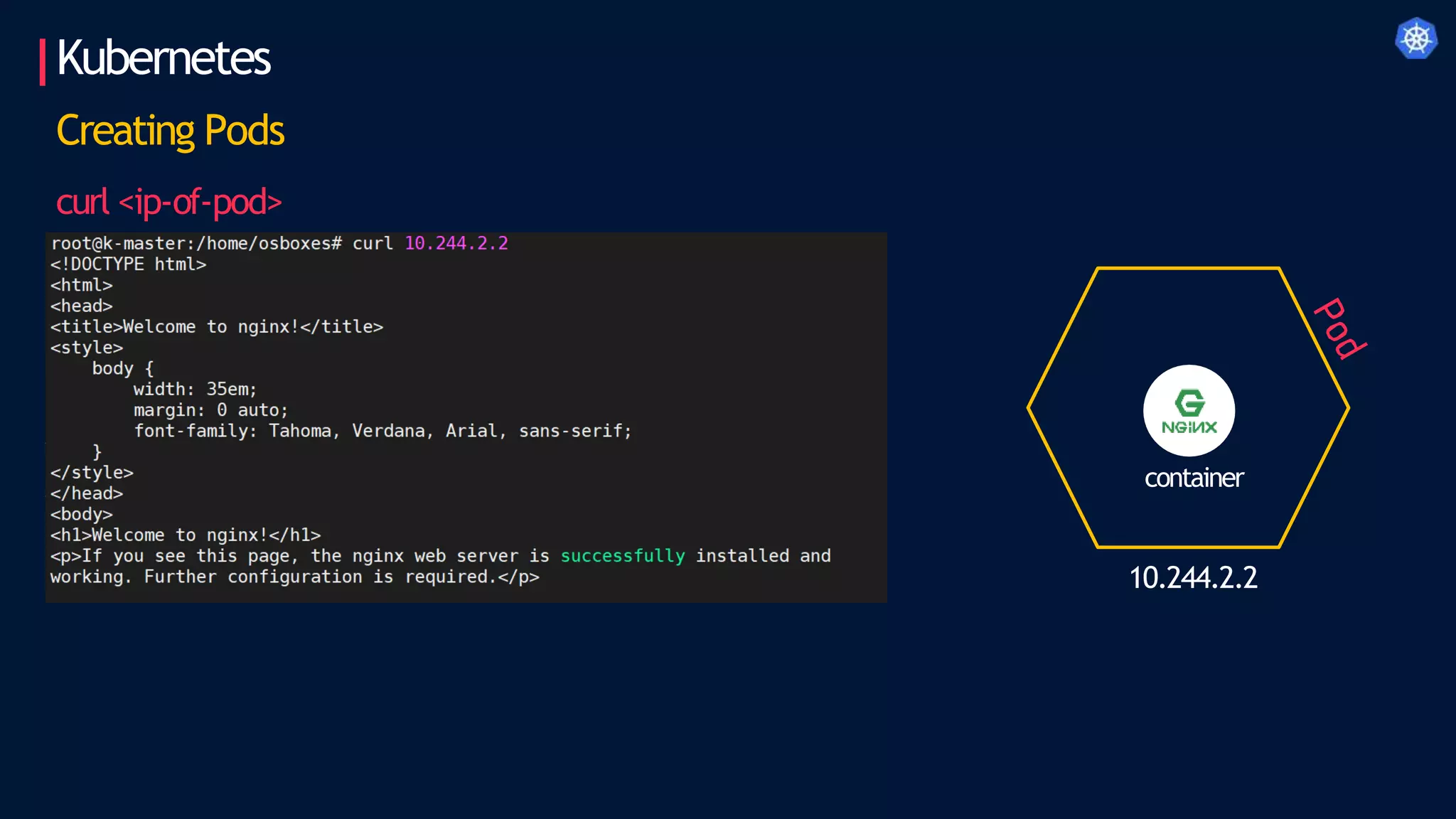 Kubernetes
Creating Pods
curl <ip-of-pod>
container
10.244.2.2
 