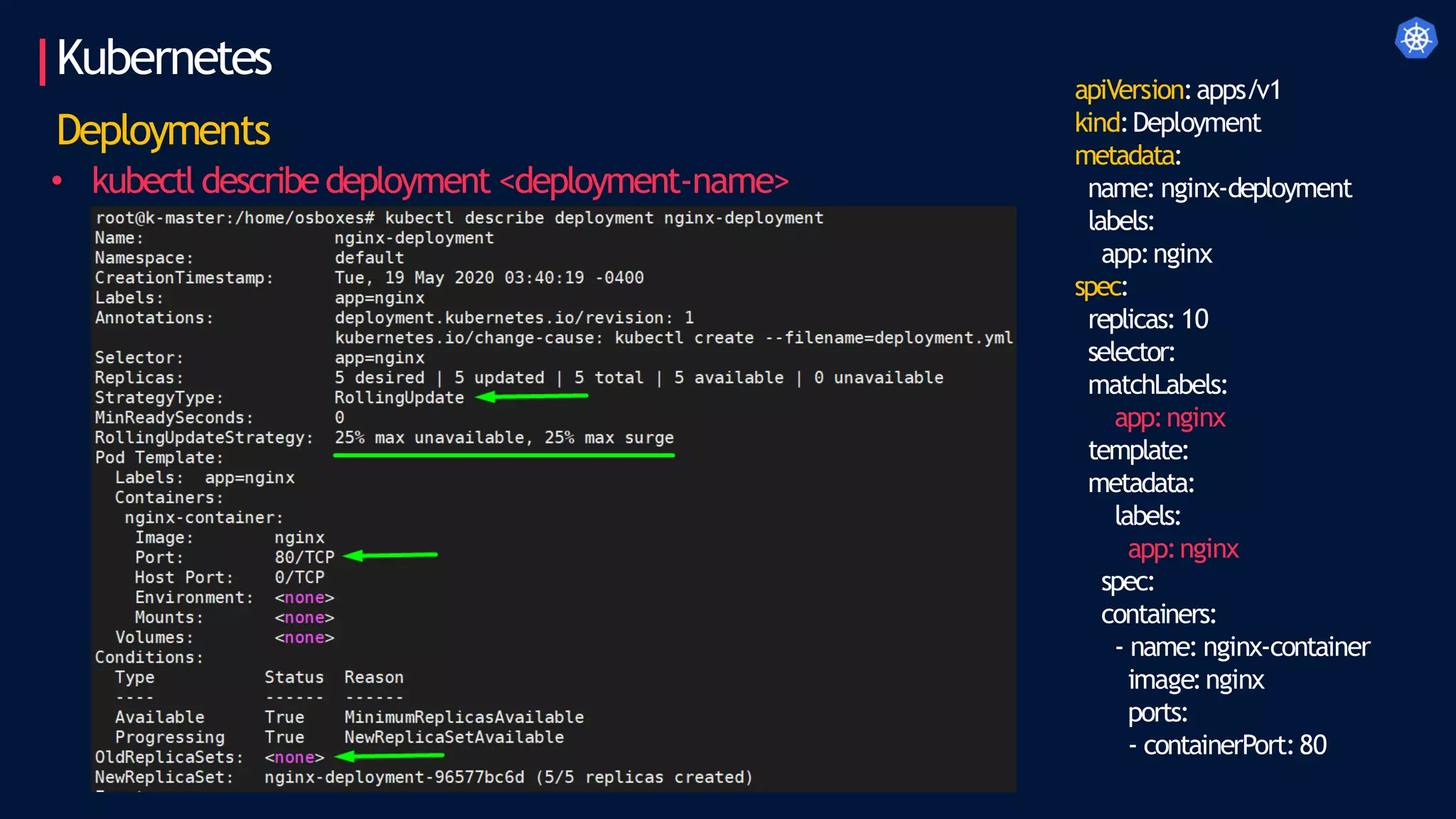Kubernetes
Deployments
• kubectl describedeployment <deployment-name>
apiVersion:apps/v1
kind:Deployment
metadata:
name: nginx-deployment
labels:
app:nginx
spec:
replicas: 10
selector:
matchLabels:
app:nginx
template:
metadata:
labels:
app:nginx
spec:
containers:
- name: nginx-container
image:nginx
ports:
- containerPort:80
 