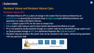 Kubernetes
Persistent Volume and Persistent Volume Claim
Persistentvolume (PV)
• APersistentVolume (PV) is a piece of storage in the cluster that has been provisioned by an
administrator or dynamically provisioned using Storage Classes(pre-defined provisioners and
parameters to create a Persistent Volume)
• Admin creates a pool of PVs for the users to choose from
• It is a cluster-wide resource used to store/persist data beyond the lifetime of a pod
• PV is not backed by locally-attached storage on a worker node but by networked storage system such
as Cloud providers storage or NFS or a distributed filesystem like Ceph or GlusterFS
• Persistent Volumes provide a file system that can be mounted to the cluster
, without being associated
with any particular node
 