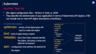 Kubernetes
Manifest /Spec file
• K8s objectconfiguration files - Written in YAML or JSON
• They describe the desired state of your application in terms of KubernetesAPI objects.Afile
can include one or moreAPI object descriptions (manifests).
# manifest filetemplate
apiVersion - version of the KubernetesAPI
used to create the object
kind - kind of objectbeing created
metadata - Data that helps uniquely identify
the object,including a name and
optional namespace
spec - configuration that defines the desired for
the object
apiVersion: v1
kind:Pod
metadata:
name:…
spec:
containers:
- name:…
---
apiVersion: v1
kind:Pod
metadata:
name:…
spec:
containers:
- name:…
Multiple
resource
definitions
 