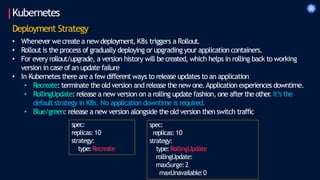 Kubernetes
Deployment Strategy
• Whenever wecreate a new deployment,K8s triggers a Rollout.
• Rollout is the process of gradually deploying or upgrading your application containers.
• For every rollout/upgrade, a version history will be created, which helps in rolling back to working
version in case of an update failure
• In Kubernetes there are a few different ways to release updates to an application
• Recreate: terminate the old version and release the new one.Application experiences downtime.
• RollingUpdate: release a new version on a rolling update fashion, one after the other
. It’s the
default strategy in K8s. No application downtime is required.
• Blue/green: release a new version alongside the old version then switch traffic
spec:
replicas: 10
strategy:
type:RollingUpdate
rollingUpdate:
maxSurge:2
maxUnavailable:0
spec:
replicas: 10
strategy:
type:Recreate
 