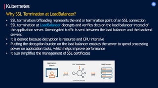 Kubernetes
Why SSL Termination atLoadBalancer?
• SSL termination/offloading represents the end or termination point of an SSL connection
• SSL termination at LoadBalancer decrypts and verifies data on the load balancer instead of
the application server
. Unencrypted traffic is sent between the load balancer and the backend
servers
• It is desired because decryption is resource and CPU intensive
• Putting the decryption burden on the load balancer enables the server to spend processing
power on application tasks, which helps improve performance
• It also simplifies the management of SSL certificates
 