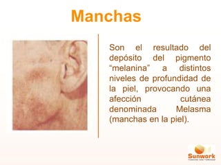 Son el resultado del
depósito del pigmento
“melanina” a distintos
niveles de profundidad de
la piel, provocando una
afección cutánea
denominada Melasma
(manchas en la piel).
Manchas
LESIONES
PREMALIGNAS
 