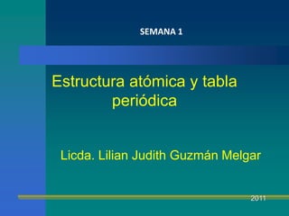 Estructura atómica y tabla
periódica
Licda. Lilian Judith Guzmán Melgar
SEMANA 1
2011
 