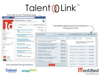 Post Jobs on your Facebook page




                                   Candidates apply directly on Facebook or
                                              through your ATS.




Jobs reposted through partners:
 