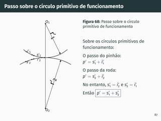 Passo sobre o cı́rculo primitivo de funcionamento
i0
2
s0
2
s0
1
i0
1
O1
O2
r
0
1
r
0
2
Figura 68: Passo sobre o cı́rculo
primitivo de funcionamento
Sobre os cı́rculos primitivos de
funcionamento:
O passo do pinhão:
p′
= s′
1 + i′
1
O passo da roda:
p′
= s′
2 + i′
2
No entanto, s′
1 = i′
2 e s′
2 = i′
1
Então p′
= s′
1 + s′
2
87
 